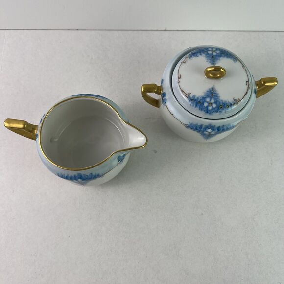 Vintage Epiag Czechoslovakia Footed Cream and Sugar Bowl Blue With Daisies - Picture 10 of 13